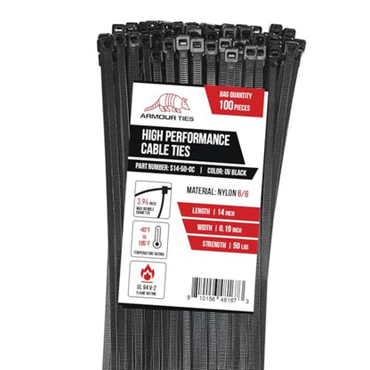 14-inch Black Zip Ties Heavy Duty UV Resistant Nylon Cable Ties, 50lb Tensile Strength, 100-Pack - Durable Wire Ties, Heavy Duty Tie Straps Indoor and Outdoor Cable Management Solution by ARMOUR TIES - size: 14 Inch