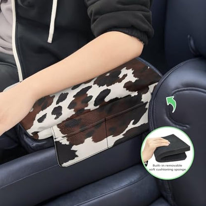 Wanyint Black Brown Cow Print Car Center Console Armrest Cover Anti-Slip Armrest Storage Box Mat Anti-Scratch Middle Console Pad Protective Cover Universal Fit Most Vehicle, SUV, Truck - color: Black Brown Cow Print