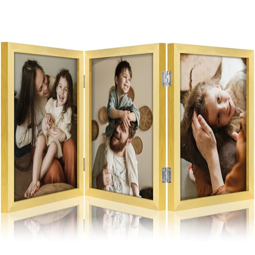 decorUhome Gold Triple 8x10 Picture Frame Vertical, MDGD08 | "Z" Shape Folding Design Engineered Wood Trifold Photo Frame with Plexiglass for Tabletop Display - color: Gold, size: 8x10