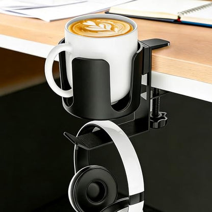 Desk Cup Holder Clip On with Buckle Clamp Hook,Deeper Drink Table Holder for Water Bottles & Coffee Mugs Bags Headphone Hanger,Adjustable Large Metal Clamp for Office & Gaming,Home,Black - size: 3.94"L x 3.94"W x 5.51"H