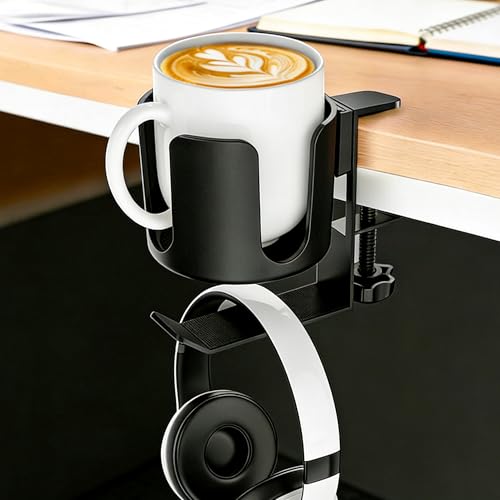 Desk Cup Holder Clip On with Buckle Clamp Hook,Deeper Drink Table Holder for Water Bottles & Coffee Mugs Bags Headphone Hanger,Adjustable Large Metal Clamp for Office & Gaming,Home,Black - size: 3.94"L x 3.94"W x 5.51"H