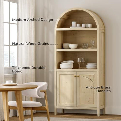 EYYTHUNG 71" Tall Arched Cabinet, 5-Tier Arched Bookcase Storage Display Cabinet with Doors and Shelves, Modern Farmhouse Bookshelf Kitchen Pantry Cabinet for Living Room Bedroom, Light Oak - color: Light Oak
