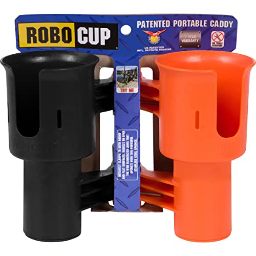 ROBOCUP, (Orange & Black), Patented Clamp On Boat Cup Holder |Multifunction Dual Drink Caddy for Fishing Poles, Tools, Net, Gaff |Portable Storage for Boating, Beach, Umbrellas, Golf Carts, Strollers - color: Black & Orange, size: Standard Spring