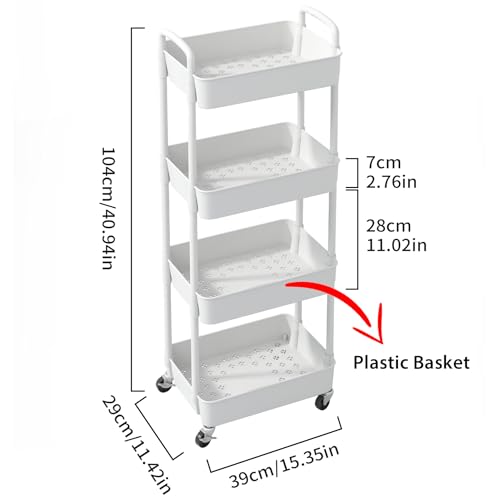 Sywhitta 4-Tier Plastic Rolling Utility Cart with Handle, Multi-Functional Storage Trolley for Office, Living Room, Kitchen, Movable Storage Organizer with Wheels, White - color: White, size: 4-tier