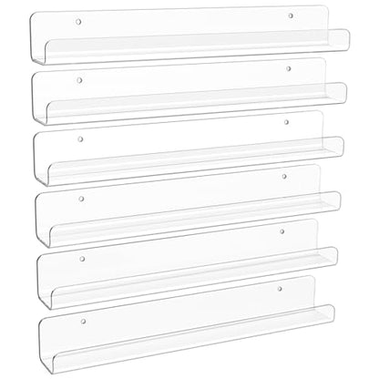 upsimples 6 Pack Narrow Clear Acrylic Shelves, 12" x 1.7" Small Wall Shelf for Nail Polish, Vinyl Wall Mount, Record Holder, Magazine Rack, Comic Display, Picture Ledge Shelf