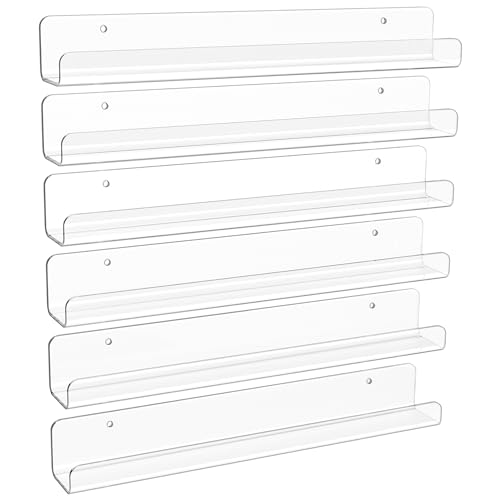 upsimples 6 Pack Narrow Clear Acrylic Shelves, 12" x 1.7" Small Wall Shelf for Nail Polish, Vinyl Wall Mount, Record Holder, Magazine Rack, Comic Display, Picture Ledge Shelf