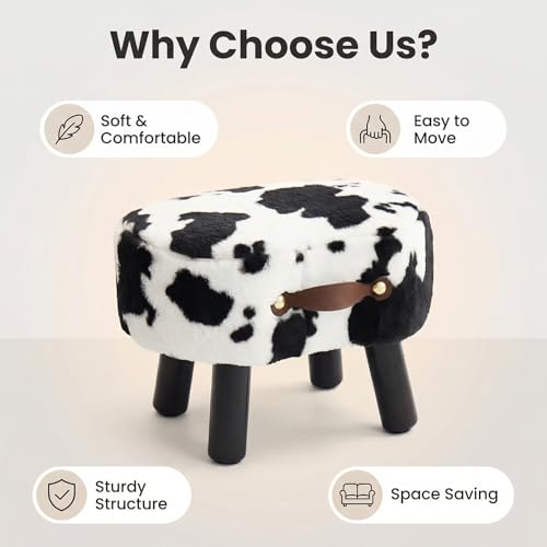 Foot Stools Small, Cow Ottomon with Handle, Velvet Footrest | Curved Foot Stool with Padded Seat Wooden Legs, Portable Foot Rest for Living Room, Bedroom, Entryway (Cow) - color: Cow