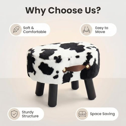 Foot Stools Small, Cow Ottomon with Handle, Velvet Footrest | Curved Foot Stool with Padded Seat Wooden Legs, Portable Foot Rest for Living Room, Bedroom, Entryway (Cow) - color: Cow