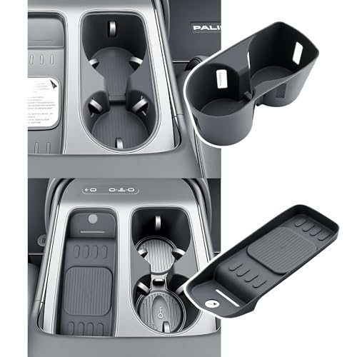 BIBIBO for 2026 Hyundai Palisade Center Console Organizer 2026 Hyundai Palisade Lower Center Console Organizer+ Insert Cup Holder& Wireless Charging Mats 2026 Palisade Console Insert Tray - color: Black-(Cup Holder+Console Under Tray)