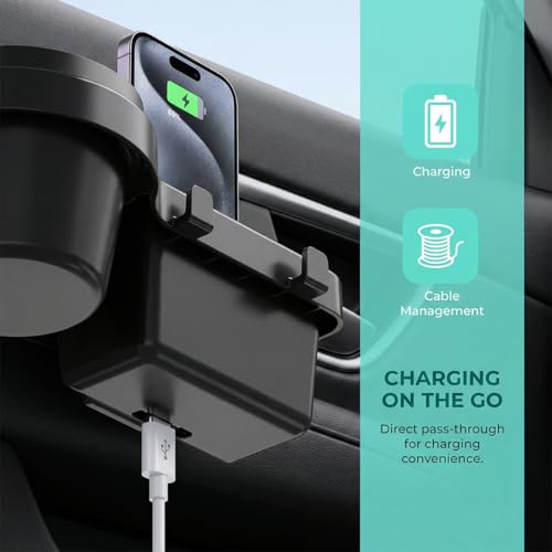 Car Window Organizer, Vehicle Side Door Storage Rack with 2.79 Inch Water Cup Phone Holder & Charging Port, Multifunctional Automotive Interior Organizer Accessories, Universal Fit