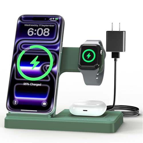 Wireless Charger Stand Charging Station: 3 in 1 Charger Multiple Devices for Apple iPhone 17 16e 16 15 14 Pro Max 13 12 11 for Watch 11 10 9 8 7 6 5 4 3 2 SE and Ultra & Airpods Series, Dark Green - color: Dark Green