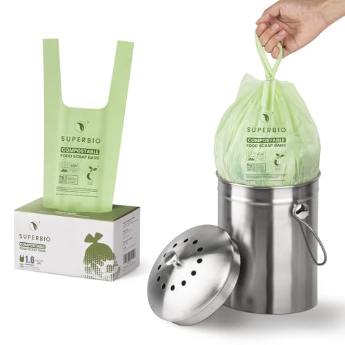 SUPERBIO 1.6 Gallon Handle Tie Compostable Food Scrap Bags For Counter Top Compost Bin, Small Compost Bags, 50 Count, 6 Liter, BPI & OK compost INDUSTRIAL Certified - color: 1.6 Gallon Handle Tie, 50 Count