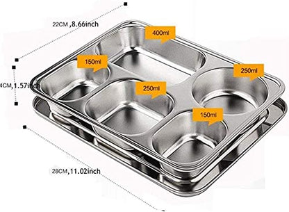 Set of 2 Stainless Steel Rectangular Divided Plates Tray 5 Sections Dinner Plates for Adults - Unbreakable Metal Plate for Campers, and Portion Control Reusable Plate - size: 5C (5 Sections)