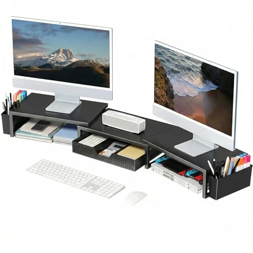 OPNICE Desk Organizers and Accessories, Dual Monitor Stand Riser with Drawer and 2 Pen Holders, Desk Shelf Metal Computer Racks for Office Workspace Organizers, Desktop Organization (Black Metal) - color: Black Metal
