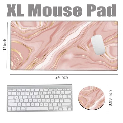 Gold Pink Marble Mouse Pad 24 x 12 inch Mousepad Gaming Desk Mat Large Computer Pad with Non-Slip Base Office Home Work - color: Small Pink Marble, size: 24''X12''