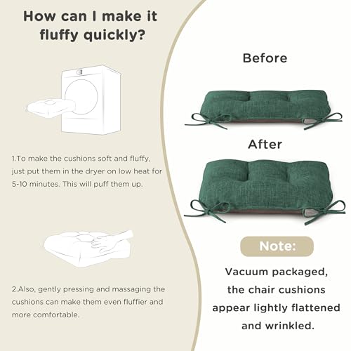 AddGrace Chair Cushions for Dining Chairs Set of 1 Kitchen Seat Cushions with Ties and Non Slip Backing Tufted Indoor Seat Pad for Kitchen Dining Room 18" x 17" x 3" Dark Green - color: Dark Green