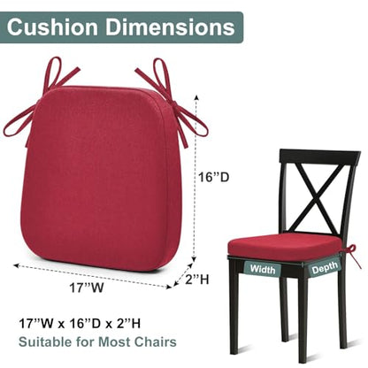 Shinnwa Dining Chair Cushions, Patented Design Memory Foam Kitchen Chair Pads with Ties and Washable Cover, 17" x 16" x 2", Burgundy - color: Burgundy