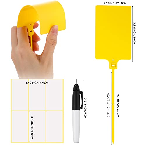 Pajean 50 Pieces Waterproof Plastic Tags with Marker Pens and Sticker Labels, Self Locking Bag Writable Tags with Wire Cable Ties for Luggage (Yellow) - color: Yellow