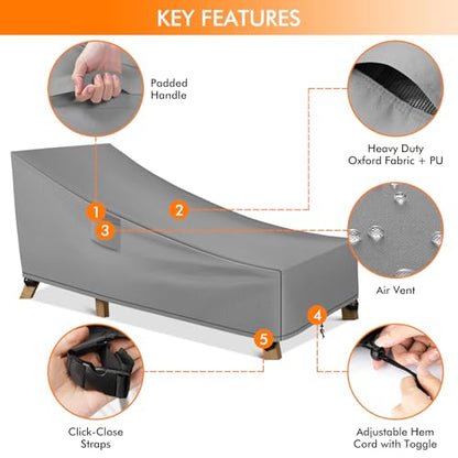 WLEAFJ Patio Chaise Lounge Cover Waterproof, Heavy Duty Outdoor Lounge Chair Covers, Durable Patio Furniture Covers, 78L x 34W x 32H inch - 2 Pack, Gray - color: Gray, size: 2 Pack-78L x 34W x 32H inch