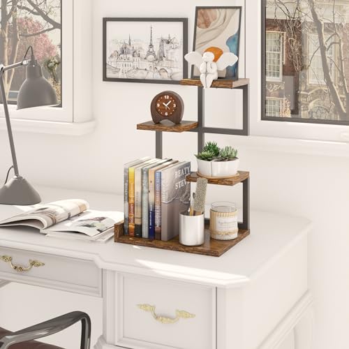 YMYNY Desktop Shelf Organizer, 4 Tier Storage Display Rack, Desk Shelf Organizer Small Bookshelf with Metal Frame for Office, Books, Plants, 12.2" x 9.45" x 17.52", Rustic Brown Black UHSR007H - color: Rustic Brown