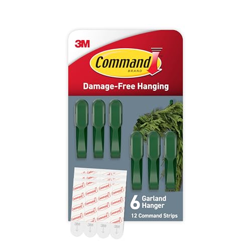 Command Fireplace Mantle Garland Holder for Displaying Garlands, Wreaths, and Holiday Decor Without Leaving Damage, Holes, or Residue, Holds 2lbs, Green, 6 Pack - size: 6 Garland Hangers