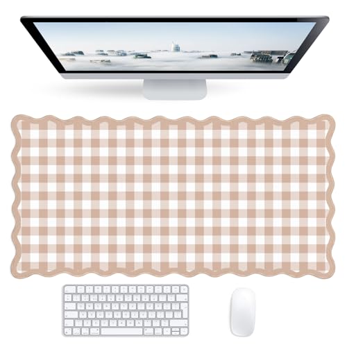 Checkered Brown Scalloped Mouse Pad,Cute Kawaii Gingham Large Desk Mat Non-Slip Rubber Base,Aesthetic Decor Gaming Computer Desk Pad for Office Laptop Mouse Keyboard Pad, 31.5" x 15.7", XL - color: Checkered Brown