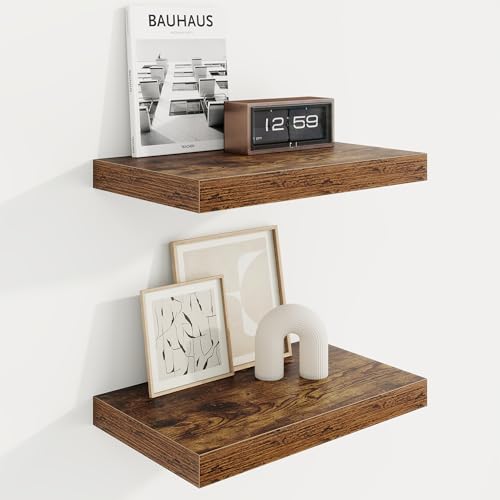Marsmiles 16in Floating Shelves for Wall, 16" W x 9.25" D x 1.25" H, 2 Pack Long Wall Mounted Engineered Wood Shelves with Invisible Brackets, Rustic Brown - color: Rustic Brown With Invisible Metal Brackets, size: 16"W, 2 Packs