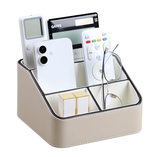 Remote Control Holder, PU Leather Small Desk Organizer with 4 Compartments, Nightstand Organizer Office Desk Accessories Desk Caddy for Countertop Bedside End Table (Beige) - color: Beige