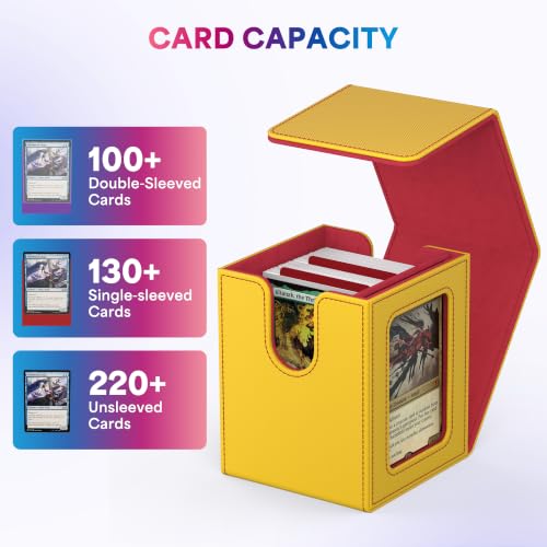 UAONO Card Deck Box for MTG Commander, Independent Commander Display, Fits 100 Double-Sleeved Cards, Magnetic Deck Case for Magic the Gathering TCG, 2 Dividers & 1 Top Loader (Yellow/Red) - color: A-Yellow&Red