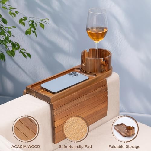 Couch Cup Holder for Armrests Over 4.9" Wide, Acacia Wood Couch Arm Tray with 360° Rotating Cup Holder, 3 in 1 Foldable Sofa Arm Tray Table for Remote, Snacks, Phone, Drinks - color: Acacia Wood