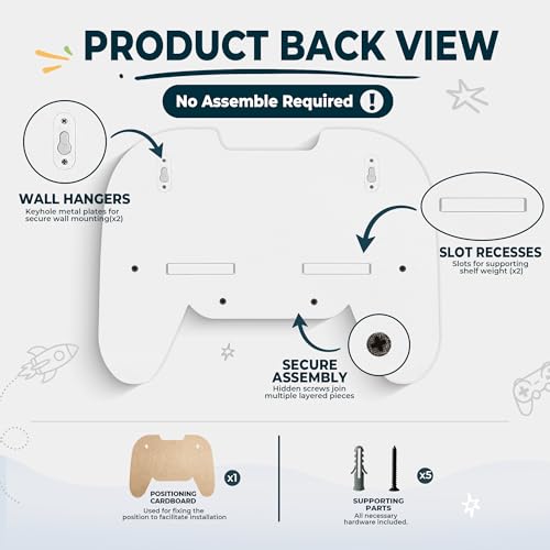Gaming Room Decor Floating Shelves Set of 2, Controller Wall Shelf with Headphone Hooks, Gamer Wall Decor for Teen Boys Bedroom, Black & White