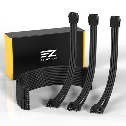 EZDIY-FAB PSU Cable Extension Sleeved Custom Mod GPU PC Power Supply Soft Nylon Braided with Comb Kit 24PIN/8PIN to 6+2Pin/ 8PIN to 4+4PIN-30CM - Black - color: Black