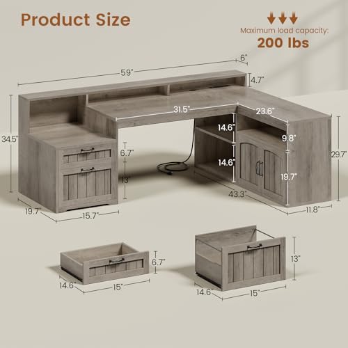 SEDETA Farmhouse L Shaped Desk with Drawers, 59" Office Desk with File Drawers, Wood Corner Computer Desk with Storage, Home Office Desks with Storage Cabinet and Monitor Stand, Grey - color: Grey, size: L Shaped Desk (59")