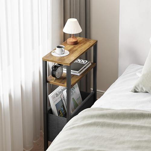 Narrow Side Table, Slim End Table with Magazine Rack, Skinny Bedside Table for Small Spaces, 3 Tier Sofa Couch Table Nightstand for Living Room, Bedroom, Walnut Brown LET503BR - color: Walnut Brown, style: No Charging Station