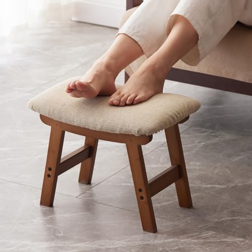 Kitsanery Foot Stool,Ottoman,Bamboo Small Sofa Foot Rest Under Desk,Extra Seating for Living Room, Bedroom and Kitchen(Brown Stool Legs - Beige Surface) - color: Brown Stool Legs - Beige Surface
