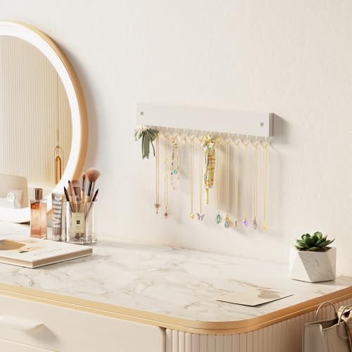 Lolalet Wooden Necklace Holder for Wall with 15 Hooks, Necklaces Hanger Easy Install Wall Mount Necklace Organizer, Jewelry Hangers for Chains, Bracelets, Earrings -Goldwhite - color: Goldwhite