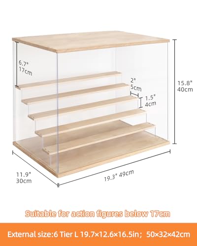 Clear Acrylic Display Case with Light , 6 Tier Display Box Stand Assembly Dustproof Protection Showcase for Collectibles Action Figures (6 Tier L 19.7*12.6*16.5in；50×32×42cm) - color: Wood with light, size: 6 Tier L 19.7*12.6*16.5in；50×32×42cm