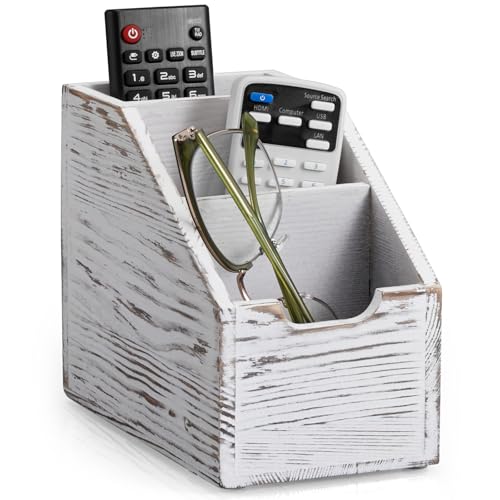 Remote Control Holder, TV Remote Holder, Wood Farmhouse Remote Caddy for Table, Remote Organizer Caddy with 3 Slots, Remote Storage Box for Home Office, Rustic White - color: Rustic White, size: 3 Slots