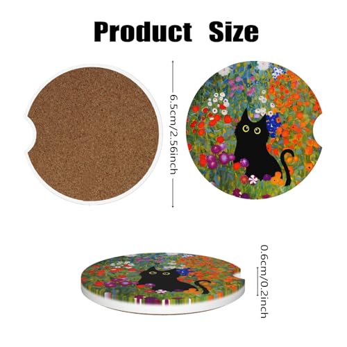 Car Cup Holder Coasters, 2 Pcs Ceramic Coasters with Cork Back and Finger Slot, Anti-Slip Shock Absorbing Women and Men Universal Car Accessories - Long-Tailed Cat - color: Long-tailed Cat
