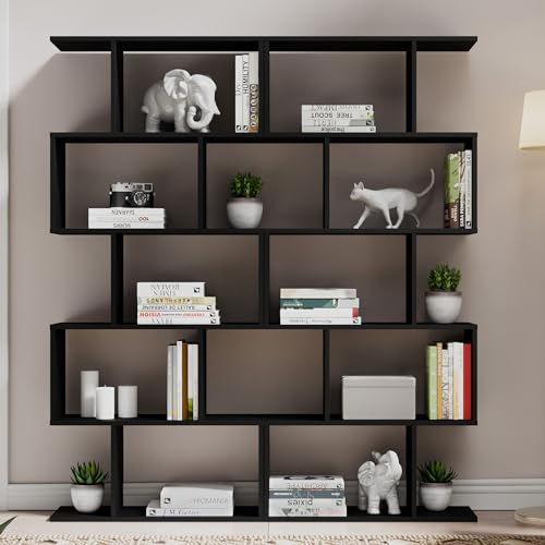 Cozy Castle Set of 2 Geometric Bookcase, S-Shaped Modern Bookshelf, Room Divider Bookshelf, 62" Tall Unique Abstract Bookcase with 5-Tier Display Shelf for Living Room Office, Black - color: Black