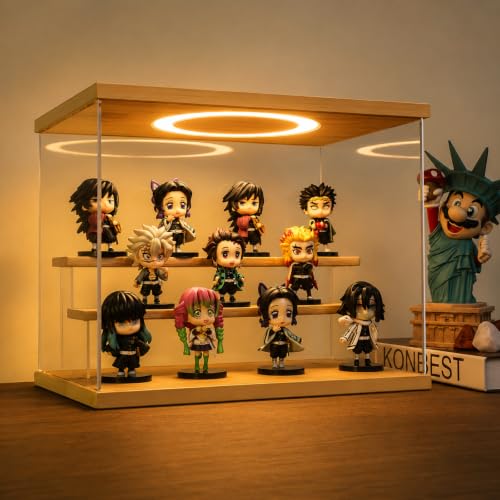 Acrylic Display Case with Adjustable LED Light, 3 Tier Clear Display Box Dustproof Showcase for Action Figures, Collectibles and Mini Toys, Assembly Display Cabinet(Wood 12.5×6.7×9in) - color: Wood, size: 3 Tier 12.5×7×9in