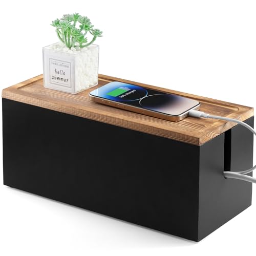 Wood Cable Management Box - Cable Organizer Box - 2 Open Slots Cords Hider Box - Under Desk Cord Organizer for Power Strip Extension Cord Surge Protector Charger Wire, Black - color: Black, size: Medium