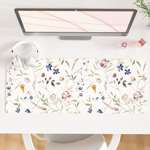 QIYI Floral Mouse Pad, Large Desk Mat for Desktop, Women Girls Watercolor Flowers Office Décor Desk Accessories, PU Leather Waterproof Gaming Mousepad, Wildflowers Desk Pad Computer Mat, 31.5" x 11.8" - color: Delicate Branches, size: 31.5" x 11.8"