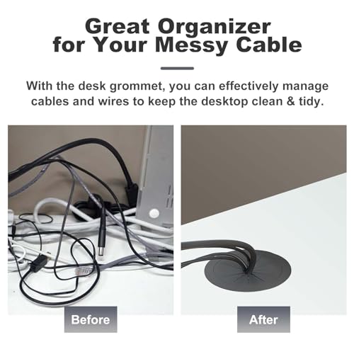 2 Pack 2 Inch Flexible Desk Cable Grommet, Detachable Hole Cover Cord Organizer for Home Office Desktop Wiring Management -Black