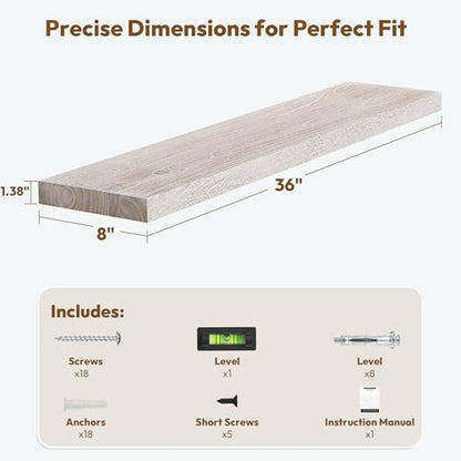 Flat Edge Elm Wood Floating Shelf with Invisible Bracket 36”Weathered White - color: Weathered White, size: 36”,set of 2