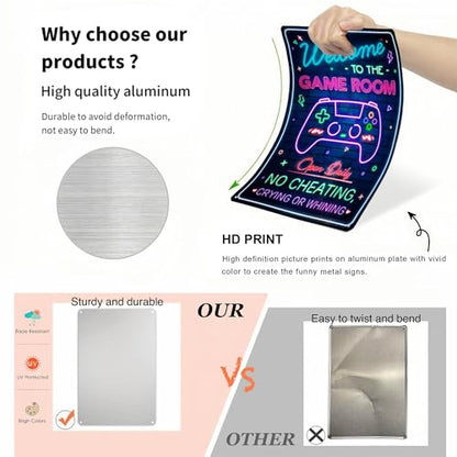 Funny Rinted Neon Gaming Metal Poster for Gaming Room Wall Door Decor for Teen Boy Boyfriend Welcome To The Game Room Sign 8 x 12 Inches