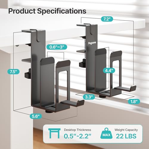 PEGZONE Laptop Stand Vertical, 2-Slot Under Desk Laptop Holder, Black | Desk Side Storage with Headphone Holder, Laptop Organizer for Office Gaming - color: Black