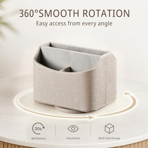 PUSU Leather 360°Rotatable Remote Control Holder,Nightstand TV Remote Caddy,Office Supplies Desktop Organizer,Spinning Storage Box for Pen,Mail,Phone,DVD, Blu-Ray, Media Player, Heater Controllers - color: A Elegant Beige