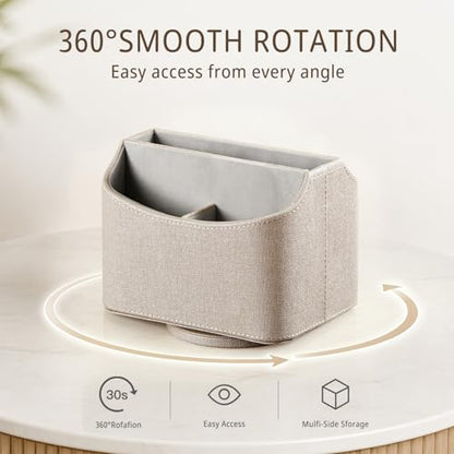 PUSU Leather 360°Rotatable Remote Control Holder,Nightstand TV Remote Caddy,Office Supplies Desktop Organizer,Spinning Storage Box for Pen,Mail,Phone,DVD, Blu-Ray, Media Player, Heater Controllers - color: A Elegant Beige
