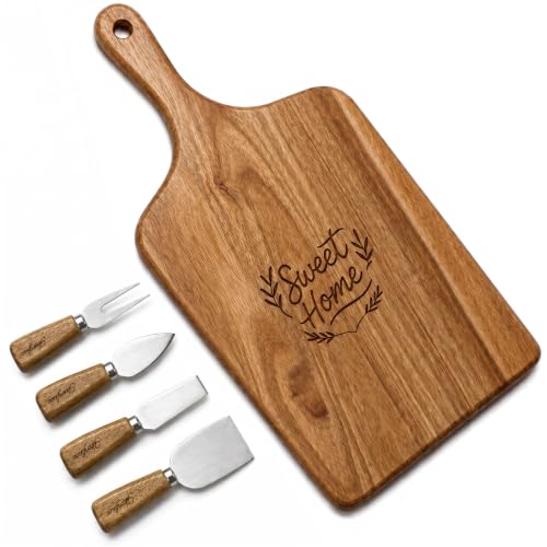 100% Acacia Wood Charcuterie Board Gift Set with Handle & 4 Cheese Knives | Natural Wood Grain | Smooth Polished Finish | Charcuterie & Cheese Board |Hosting & Everyday Serving |Premium Gift Box - size: 15.7"